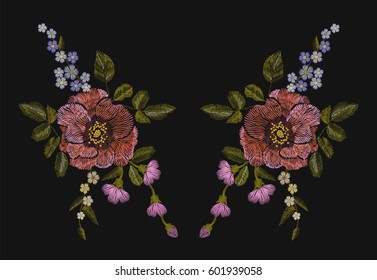 Embroidery colorful floral pattern with poppy and daisy flowers. Vector traditional folk fashion ornament on black background patch necklace. illustration