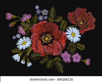 Embroidery colorful floral pattern with poppy and daisy flowers. Vector traditional folk fashion ornament on black background. illustration