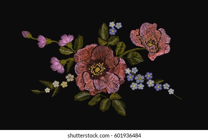 Embroidery colorful floral pattern rose with poppy and daisy flowers. Vector traditional folk fashion ornament on black background patch necklace. illustration
