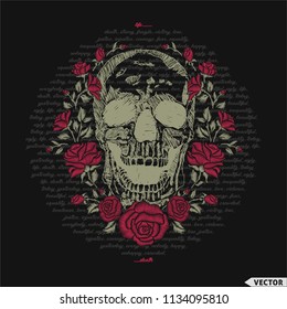 Embroidery colorful floral pattern with skull and red roses, ethnic flowers vector illustration. Traditional folk fashion ornament on black background. T-shirt and other uses