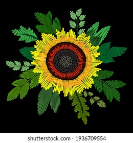 Embroidery colorful floral pattern with sunflower. 