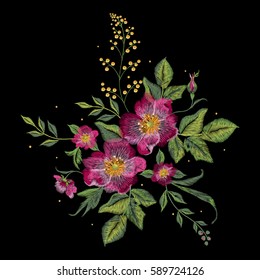 Embroidery colorful floral pattern with vinous dog roses. Vector traditional fashion flowers ornament on black background for design