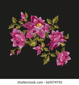 Embroidery colorful floral rose pattern. Vector traditional folk golden daisy bush flowers ornament on black background for neckline design