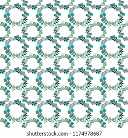 Embroidery colorful floral seamless pattern in green, white and blue colors. Vector traditional folk flowers bouquet for textile design and fabric.