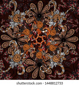 Embroidery colorful floral seamless pattern with poppies and lilies of the valley. Vector traditional folk flowers bouquet on gray, brown and black colors for textile design.