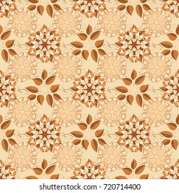 Embroidery colorful floral seamless pattern with poppies and lilies of the valley. Vector traditional folk flowers bouquet on beige, yellow and brown colors for textile design.