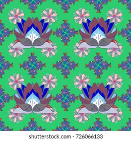 Embroidery colorful floral seamless pattern with poppies and lilies of the valley. Vector traditional folk flowers bouquet on green, blue and gray colors for textile design.