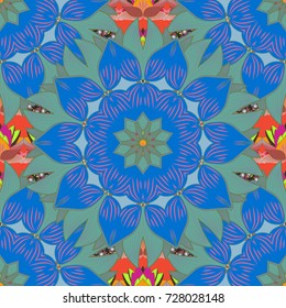 Embroidery colorful floral seamless pattern with poppies and lilies of the valley. Vector traditional folk flowers bouquet on blue, pink and green colors for textile design.