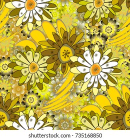 Embroidery colorful floral seamless pattern in brown, green and yellow colors. Vector traditional folk flowers bouquet for textile design and fabric.