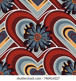 Embroidery colorful floral seamless pattern in red, brown and gray colors. Vector traditional folk flowers bouquet for textile design and fabric.