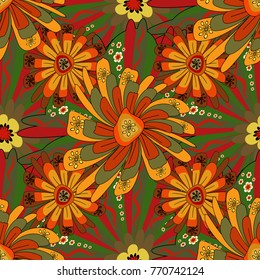 Embroidery colorful floral seamless pattern in orange, green and brown colors. Vector traditional folk flowers bouquet for textile design and fabric.