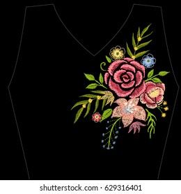 Embroidery colorful flowers like including rose,daisy beautiful vintage neck line.Vector symmetric traditional folk flowers ornament on black background for design