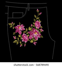 Embroidery colorful jeans floral pattern with dog roses. Vector traditional folk flowers ornament on black background