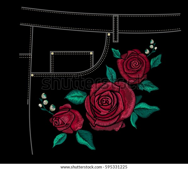 black jeans with red rose embroidery