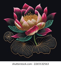 Embroidery colorful lotus flowers, leaves on black background. Tapestry floral decorative vector wallpaper illustration with beautiful stitch textured lotus flowers. Stitching lines surface texture.