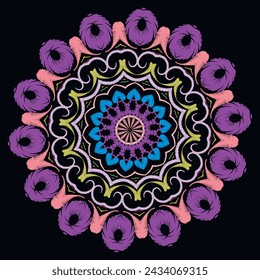 Embroidery colorful modern mandala pattern. Tapestry ethnic violet ornaments. Elegant decorative floral design. Beautiful textured bright ornament. Grunge lines, swirls, circles, frames, flowers.