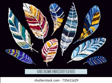 Embroidery colorful pattern  background with feathers. Vector traditional folk fashion ornament on black background.