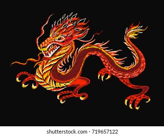 Embroidery colorful pattern with chinese, japanese dragon.  Vector traditional folk fashion ornament on black background. An Asian dragon.