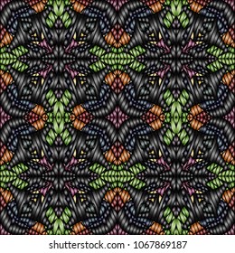 Embroidery colorful pattern with geometric ornament.