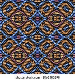 Embroidery colorful pattern with geometric ornament.