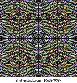 Embroidery colorful pattern with geometric ornament.
