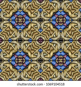 Embroidery colorful pattern with geometric ornament.