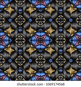 Embroidery colorful pattern with geometric ornament.