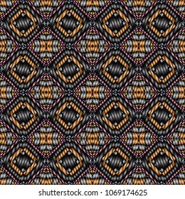Embroidery colorful pattern with geometric ornament.