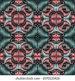 Embroidery colorful pattern with geometric ornament.