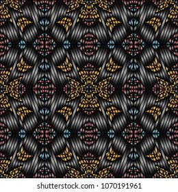 Embroidery colorful pattern with geometric ornament.
