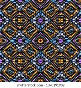 Embroidery colorful pattern with geometric ornament.
