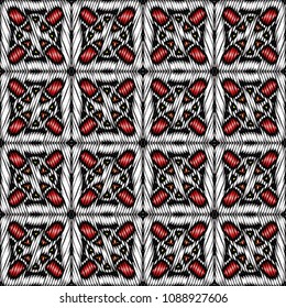 Embroidery colorful pattern with geometric ornament.