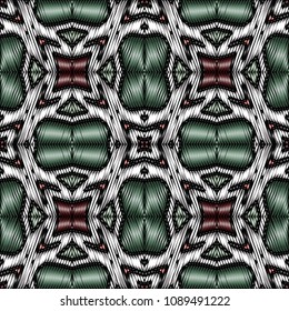 Embroidery colorful pattern with geometric ornament.