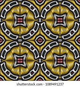 Embroidery colorful pattern with geometric ornament.
