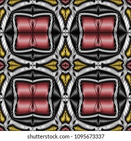 Embroidery colorful pattern with geometric ornament.