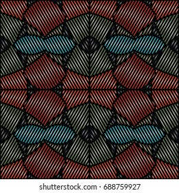 Embroidery colorful pattern with geometric ornament.