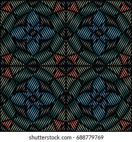 Embroidery colorful pattern with geometric ornament.