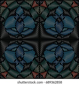 Embroidery colorful pattern with geometric ornament.