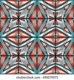 Embroidery colorful pattern with geometric ornament.