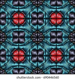 Embroidery colorful pattern with geometric ornament.