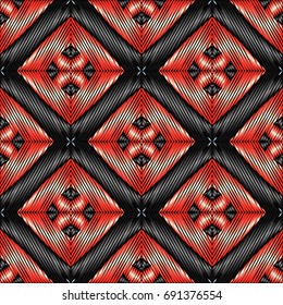 Embroidery colorful pattern with geometric ornament.