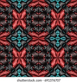Embroidery colorful pattern with geometric ornament.