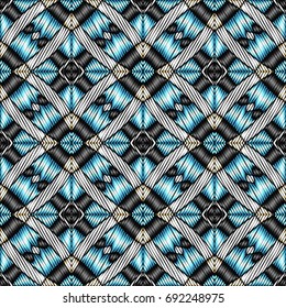 Embroidery colorful pattern with geometric ornament.