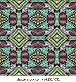 Embroidery colorful pattern with geometric ornament.