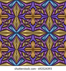 Embroidery colorful pattern with geometric ornament.