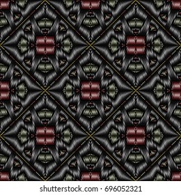 Embroidery colorful pattern with geometric ornament.  Endless pattern for ceramic tile, surface design, textiles, printing, wallpaper, handcraft, DIY