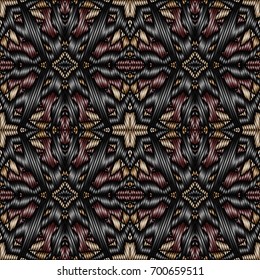 Embroidery colorful pattern with geometric ornament. Endless texture for cover design,  surface design, ceramic tile, textiles, printing, wallpaper.