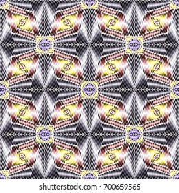 Embroidery colorful pattern with geometric ornament. Endless texture for cover design,  surface design, ceramic tile, textiles, printing, wallpaper.