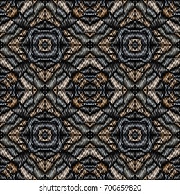 Embroidery colorful pattern with geometric ornament. Endless texture for cover design,  surface design, ceramic tile, textiles, printing, wallpaper.