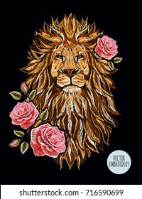 Embroidery colorful  pattern and lion   crown  Vector traditional folk fashion ornament black background 